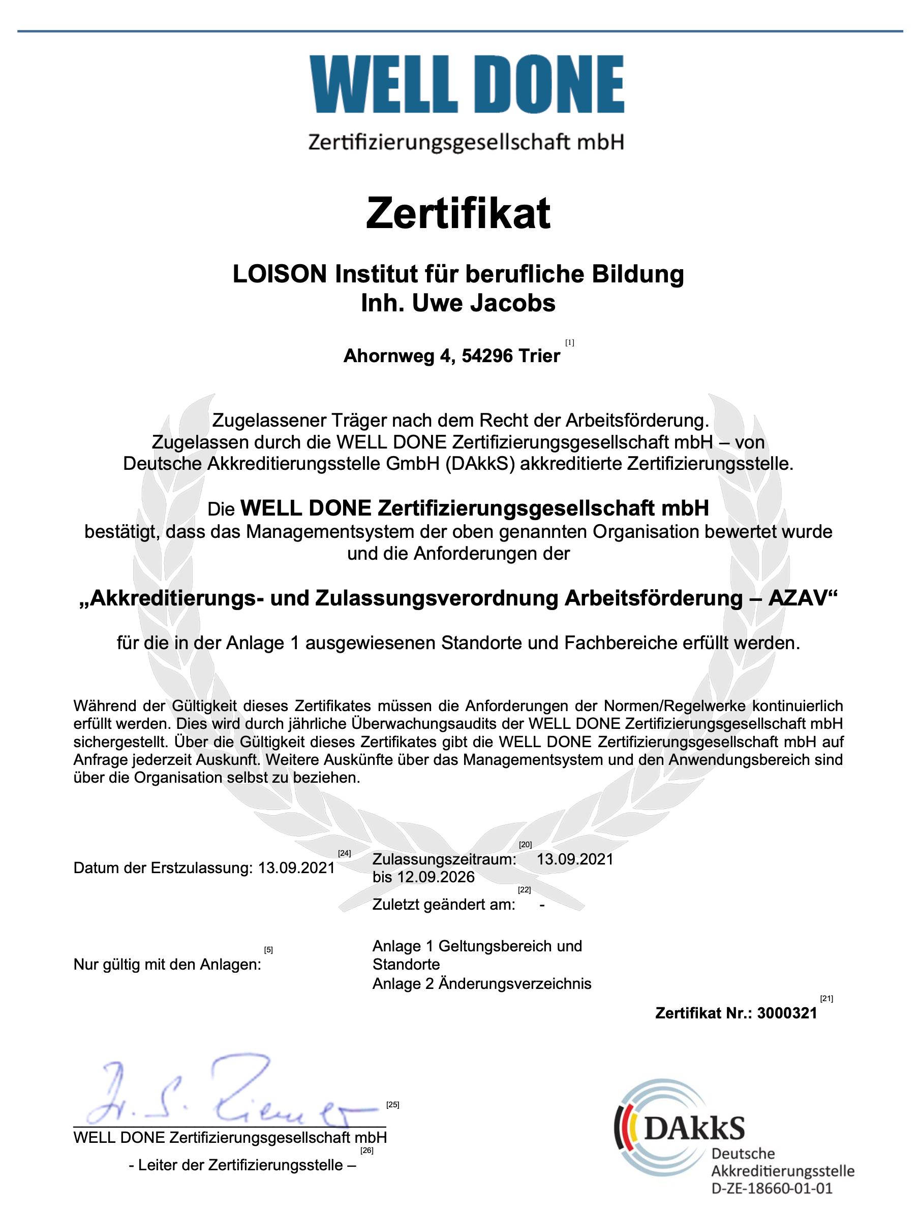 Zertifikat AZAV 2022